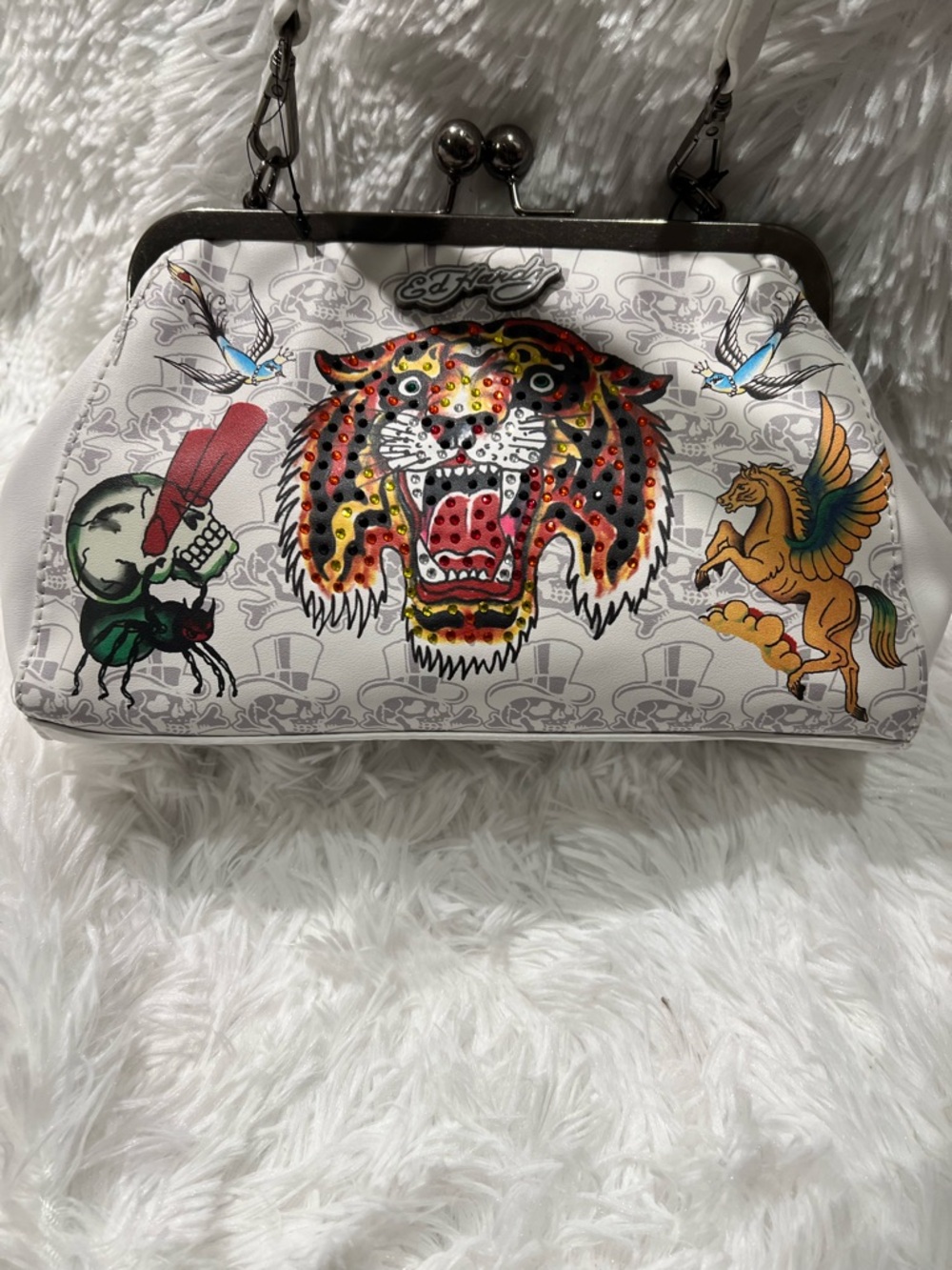 Ed Hardy White Tattoo-Print Clutch with Multicolor Tiger and Pegasus